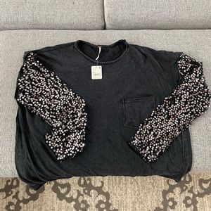Free People Black Sparkly Sleeve Tshirt NWT